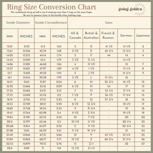 A ring sizing conversion chart with columns for inside diameter, inside circumference, and various international ring sizes is displayed on a white background.