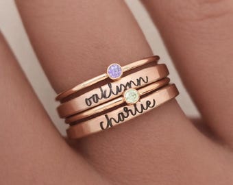 Personalized Birthstone Ring Set, Stackable Name Rings for Mom, Custom Family Jewelry, Birthstone and Name Stackable Rings, Mother's Day