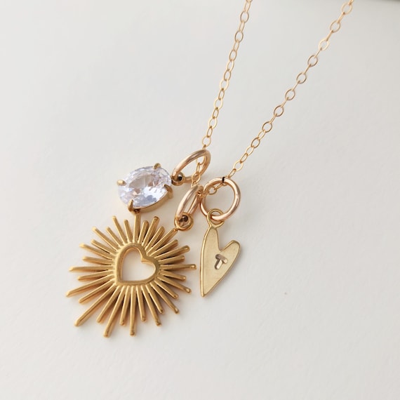 Charm Necklace Gold Chunky Heartburst Initial Pendant Everyday