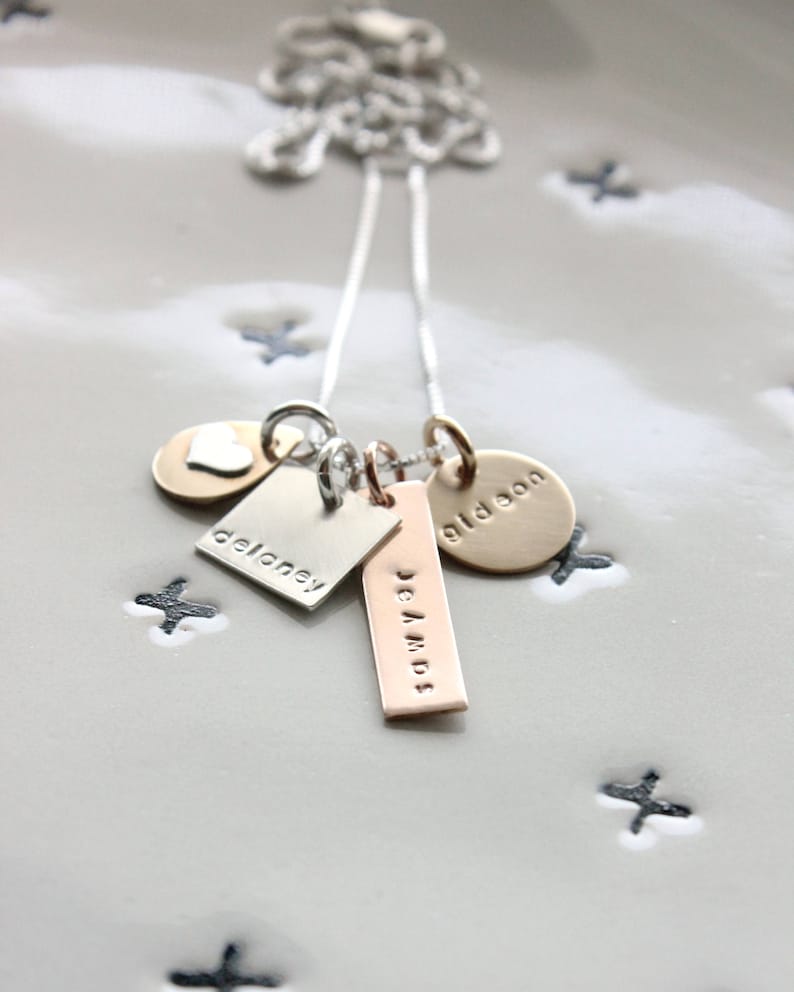 Family Name Necklace Mixed Metals Silver Gold Rose Necklace Personalized Three Name Necklace Minimalist Name Mom Jewelry Mom Gift