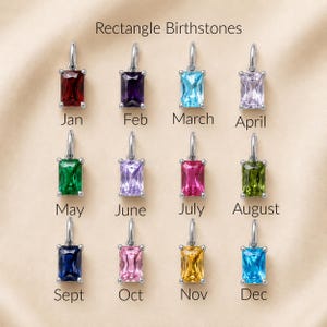Twelve rectangular birthstone charms are displayed, each with a different colored gemstone representing a month from January to December.