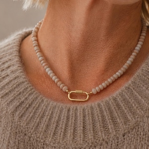 Carabiner Necklace, 18 Inch Stone Beads with 18K Gold-Plated Charm-Holding Clasp