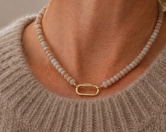 Carabiner Necklace, 18 Inch Stone Beads with 18K Gold-Plated Charm-Holding Clasp