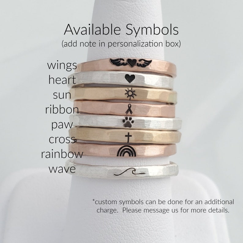 Symbols to add for rings. Add note in personalization box for a symbol.

Stacked Name Rings | Stackable Rings | Design Ring Set|Personalized Mom Gift | Stacking Custom Rings | Easter Gift for Her