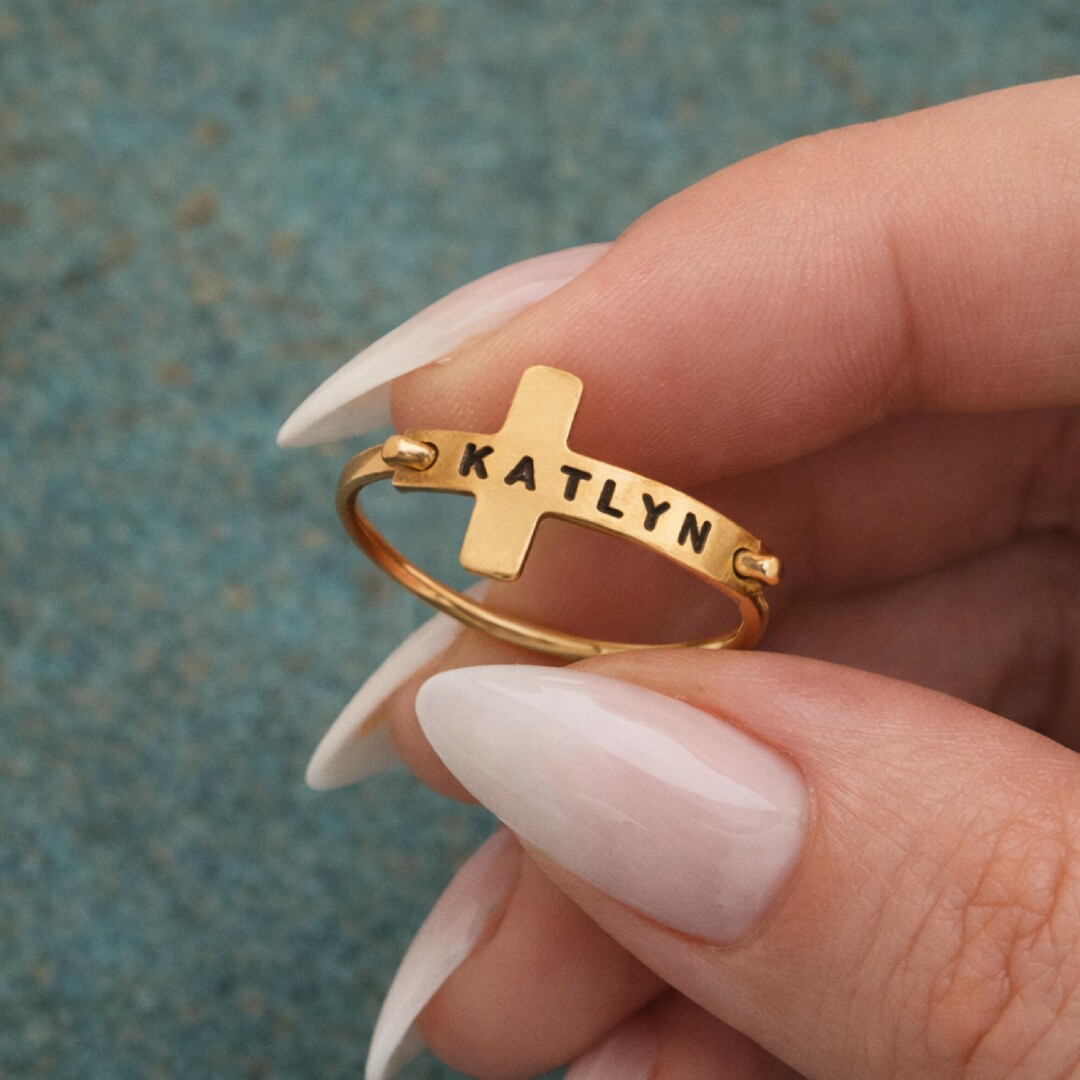 Personalized Cross Name Ring – Baptism Gift, Christening Ring, First ...