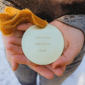 Personalized Baby&#39;s First Christmas Ornament: Engraved Brass Keepsake