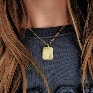 Initial Tag Necklace, 14k Gold-Filled Rectangular Pendant, Hand-Stamped Letter