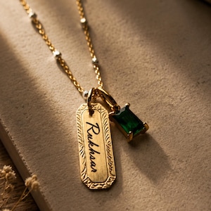 Collar con nombre y dije de piedra de nacimiento, regalo personalizado con colgante rectangular