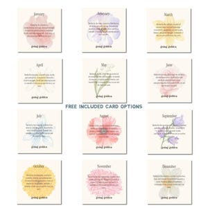 A grid of twelve cards showing month-by-month flower designs with text describing each month from January to December.