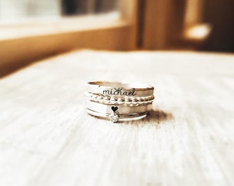Personalized Rings Set, Stackable Name with Birthstone Accents