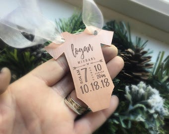 Personalized Copper Baby Onesie Ornament, Engraved Birth Stats Keepsake