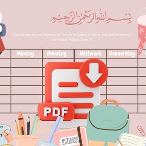 Op de afbeelding: Een roze en witte weekplanner met een cartoonillustratie van een meisje met hijab en rugzak. De planner bevat de dagen van de week, een PDF-pictogram en Arabisch schrift. De tekst "designed by Muslim Manny S" is ook aanwezig.
