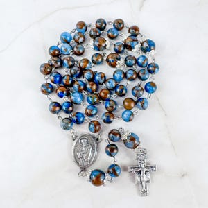 Handmade St Francis of Assisi Rosary with San Damiano Crucifix and Blue Cloisonne Jasper Beads, Catholic Gift for Him