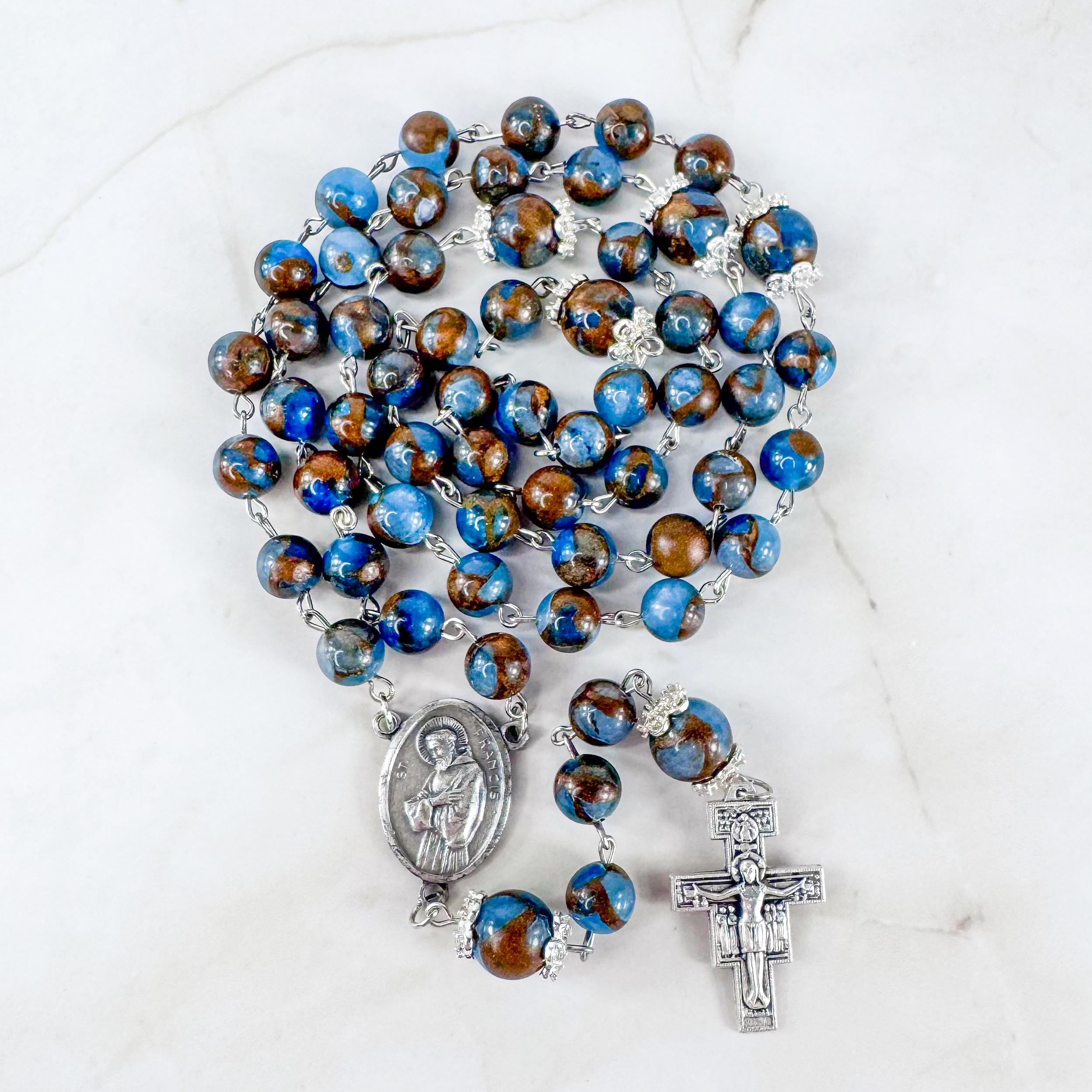 Handmade St Francis of Assisi Rosary with San Damiano Crucifix and Blue Cloisonne Jasper Beads, Catholic Gift for Him
