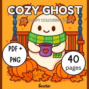 May include: A digital download featuring a cartoon ghost with a green scarf, holding a purple mug with a heart. The image includes the text "COZY GHOST" and "Cute & Comfy Colouring Pages". Includes 40 pages, PDF and PNG formats.