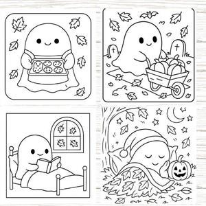 May include: Four square illustrations of a cute ghost in various autumn scenes. One ghost holds cookies, another pushes pumpkins in a cart, a third reads in bed, and the last sleeps under leaves with a jack-o'-lantern.