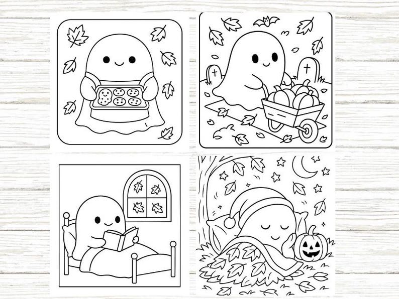 May include: Four square illustrations of a cute ghost in various autumn scenes. One ghost holds cookies, another pushes pumpkins in a cart, a third reads in bed, and the last sleeps under leaves with a jack-o'-lantern.