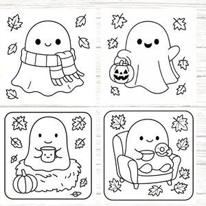 May include: Four black and white illustrations of friendly ghosts in autumnal scenes. One ghost wears a scarf, another holds a pumpkin lantern, and others enjoy a drink and a doughnut. Autumn-themed artwork.