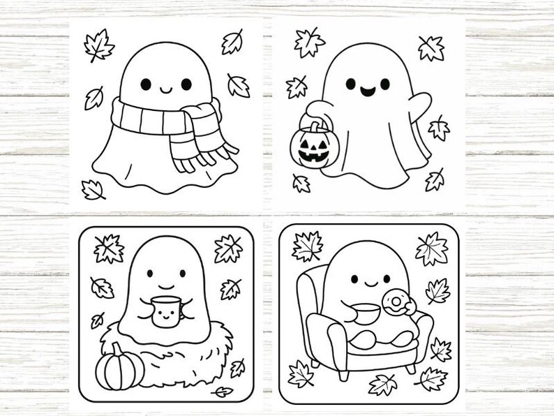 May include: Four black and white illustrations of friendly ghosts in autumnal scenes. One ghost wears a scarf, another holds a pumpkin lantern, and others enjoy a drink and a doughnut. Autumn-themed artwork.
