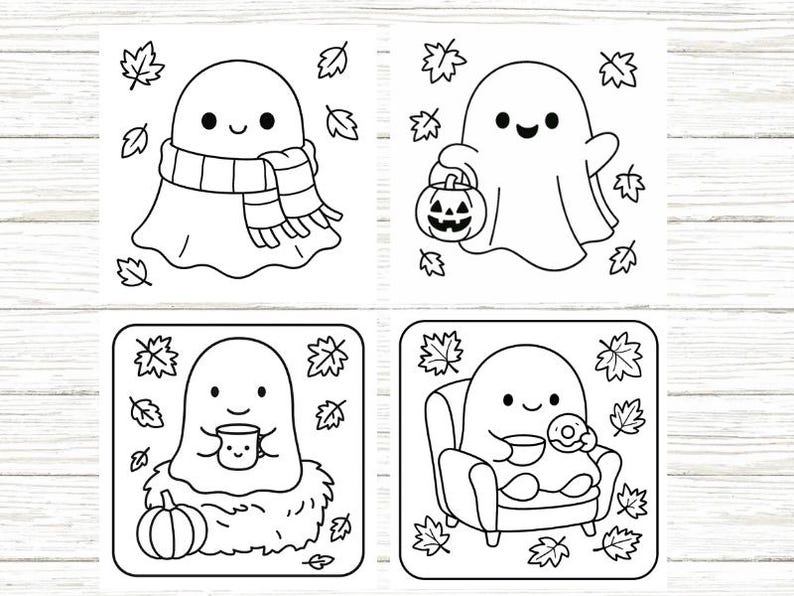 May include: Four black and white illustrations of friendly ghosts in autumnal scenes. One ghost wears a scarf, another carries a pumpkin lantern, and others hold a mug and a doughnut. Each image is framed by falling leaves.