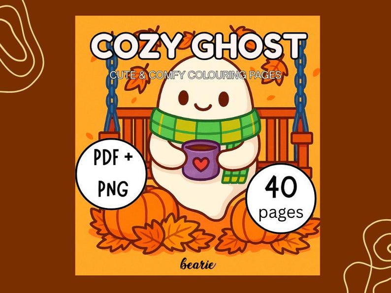 May include: A digital download featuring a cartoon ghost with a green scarf, holding a purple mug with a heart. The image includes the text "COZY GHOST" and "Cute & Comfy Colouring Pages". Includes 40 pages, PDF and PNG formats.