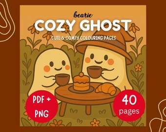 Cozy Ghost Colouring Pages | Halloween Colour Pages | PDF | PNG | 40 Cute & Comfy Coloring Pages with Cozy Ghosts, Spooky with Autumn Scenes