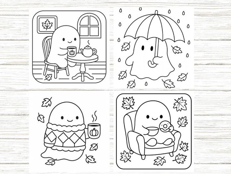 May include: Four black and white illustrations of friendly ghost characters in autumnal scenes. One ghost is drinking tea, another is under an umbrella, and two are cosy with a mug and a donut. Autumn leaves are scattered around.