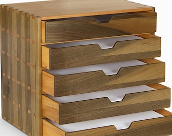 Solid Walnut and Hornbeam Five Drawer A4 File Cabinet