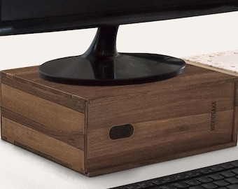 Solid Walnut Dual Position Monitor Stand with Sliding Lid Storage