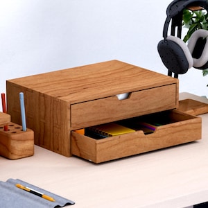 Solid Cherry Wood Two Tier, Two Drawer Cabinet & Monitor Stand | 34 cm (13.39") x 25 cm (9.84") x 13.6 cm (5.35") | Desna Series