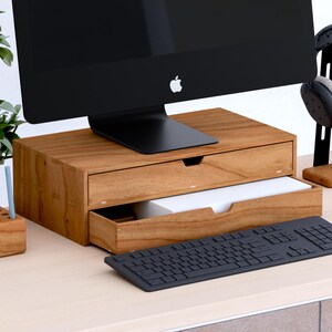 Solid Cherry Wood Two Tier, Two Drawer Cabinet & Monitor Riser | 45 cm (17.72") x 25 cm (9.84") x 13.6 cm (5.35") | Desna Series