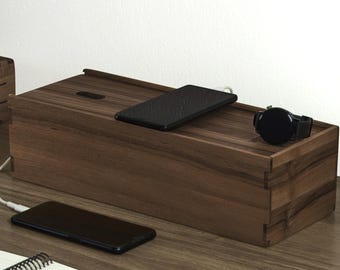 Solid Walnut Cable Management Box with Sliding Lid