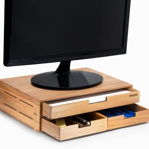 Solid Cherry Wood Monitor Stand with Three Drawers | Desk Riser, File Storage