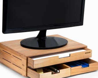 Solid Cherry Wood Monitor Stand with Three Storage Drawers