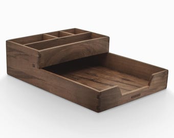 Desktop Organizer & A4 Paper Tray for Home Office Desk Organization, All in One Paper Box+Paper and File Holder+Walnut Accessory Storage Box
