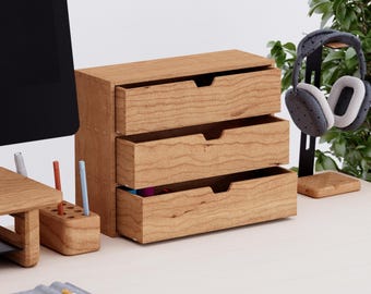無垢チェリー材製 3段3引き出しキャビネット | 34cm (13.39インチ) x 12.1cm (4.76インチ) x 27.2cm (10.71インチ)
