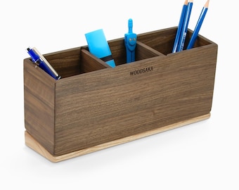 Walnut & Ash Slanted Pen Organizer: 3-Compartment Desk Tidy