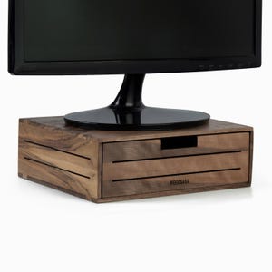 Solid Walnut Monitor Stand Riser with Hidden Drawer: Ergonomic 8.4 cm Lift for Screens up to 28&quot; - 26 x 23 x 9 cm - 3Line Serisi - WOODSAKA