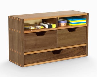Wooden Shelf, Wooden Storage Box, Three-Tier Removable Compartmentalized Shelf, Three-Drawer Storage Cabinet & Multi-Purpose Organizer