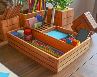 Solid Cherry Wood Desk Organizer with 13 Pen Slots and Accessory Compartments