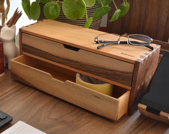 Walnut & Beech Wood Two-Tier Mini Drawer Cabinet - Desk Organizer with Drawers - Stationery Storage Box by - Desktop Storage - WOODSAKA