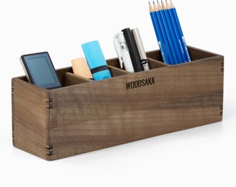 Solid Walnut Desk Organizer: Adjustable Pen & Tablet Holder