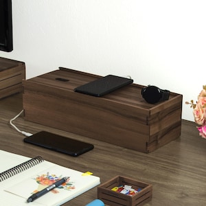 Solid Walnut Cable Organizer Box with Sliding Lid: Fits 6-Outlet Power Strips - 38x15x11cm - Reka Collection - WOODSAKA