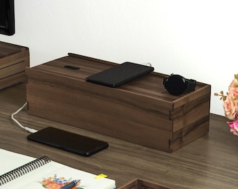 Solid Walnut Cable Organizer Box with Sliding Lid | 6 Outlet Power Strip