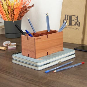 Solid Cherry & Padauk Wood Large Desk Organizer - 4 Compartment Pen Holder - 17.8 x 8.8 x 9 cm - WOODSAKA