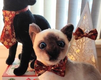 Bow Tie or Neck Tie Collar Featuring Metallic Gold Snow Flakes on Red Background