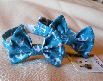 Aqua With White Anchors Bow Tie Collar for Cats