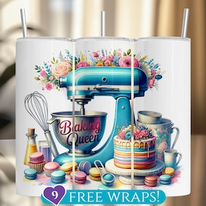 Puede incluir: Un vaso blanco con una ilustración colorida de una batidora de pie, un pastel y utensilios de repostería. El texto "Baking Queen" aparece en la batidora. El vaso está decorado con detalles florales y un corazón rosa.