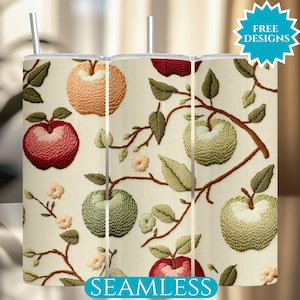 Embroidered Apples Tumbler Wrap, Embroidery Apple 20Oz Skinny Tumbler Sublimation PNG, Autumn Harvest Fruit Design, Orchard Digital Download