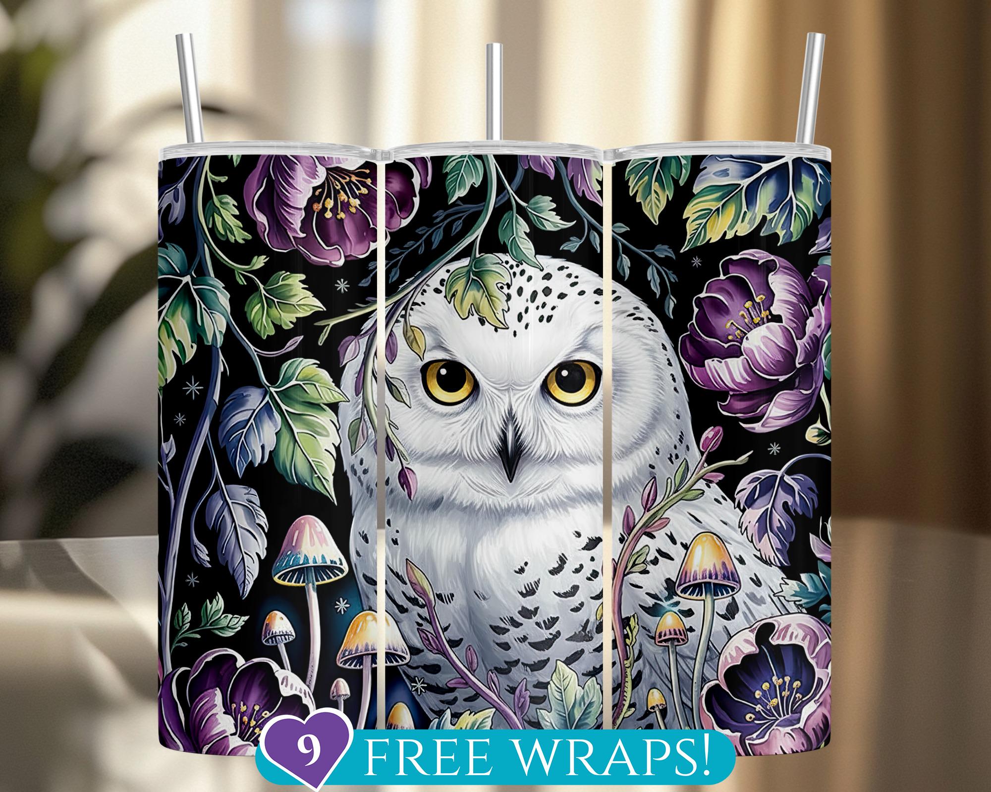Mystic Forest Snowy Owl Tumbler Wrap: Dark Floral 20 Oz Skinny Tumbler Sublimation PNG, Magical Mush